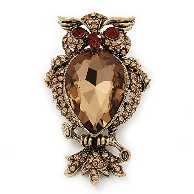 Image of Avalaya Citrine CZ Owl Brooch in Gold Plated Metal 6cm Length