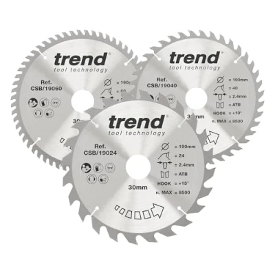 Image of Trend Wood Circular Saw Blades, 190mm Diameter, 30mm Bore, 24, 40 &amp; 60 Teeth, TCT, 2.6mm Kerf, +15 Hook, CSB/190/3PK