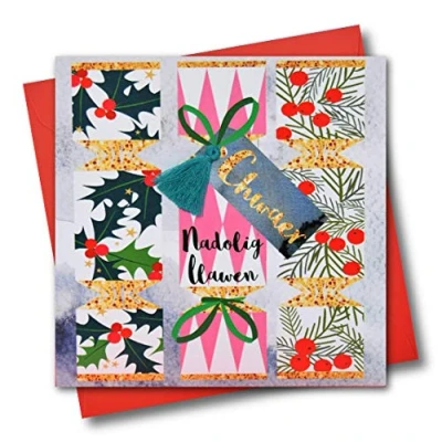 Image of Welsh Sister Christmas Card, Nadolig Llawen Chwaer, Crackers, Tassel Embellished