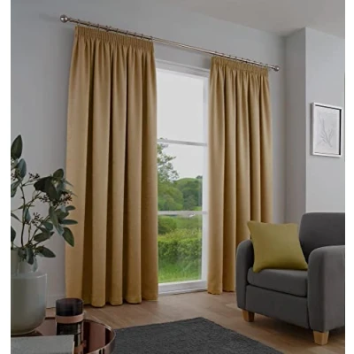 Image of Fusion Ochre Curtains W66 x L54&quot; (168 137cm) 100% Cotton 2x Panels Pencil Pleat in Soundproof &amp; Thermal for Bedroom Yellow Pleated Drapes