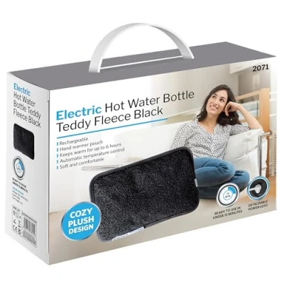 Image of Rechargeable Electric Hot Water Bottle Ultra Plush Teddy Bed Hand Warmer Massaging Heat Pad Cozy Pain Relief Fast Heating Auto Shut Off Function Over Protection &amp; No Refill Black