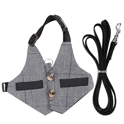 Image of Rabbit Harness Leash Cute Bunny Vest and Set With Button Decor Pets Adjustable Formal Suit Style Plaid Stripe Grey(S)