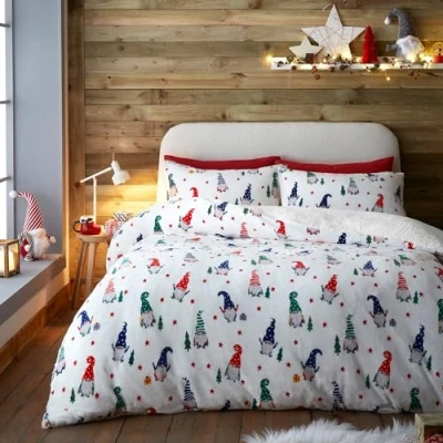 Image of Fusion Christmas Gonk Teddy Fleece Duvet Cover Double Bedding Size (200 x 200cm) Reversible Design 2x Pillowcases White with Gnome