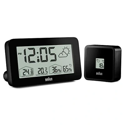 Image of Braun Digital Weather Station Clock with Indoor and Outdoor Temperature Humidity, Forecast, LCD display, Quick set, Crescendo beep alarm in black, model BC13BP.