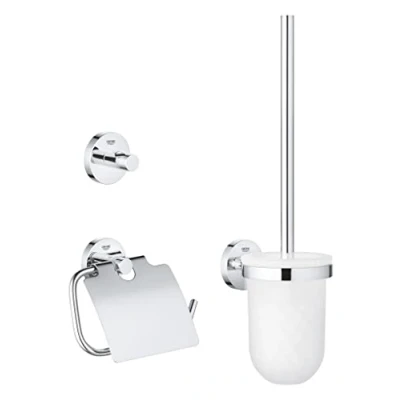 Image of GROHE Start QuickFix 3 in 1 Toilet Accessories Set (Toilet Roll Holder with Cover, Brush, Robe Hook), Extra Easy to Fit QuickGlue, Chrome, 41204000