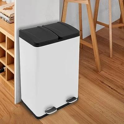 Image of Monster Shop Recycling Pedal Bin Double Compartments Large 60L Rubbish Capacity Heavy duty Metal Dustbin In White Kitchen Waste Garbage Dual Trash Can Eco
