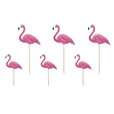 Image of PartyDeco Flamingo Cake and Canape Toppers Pack of 6, Pink Shapes, Ideal for Tropical Hawaiian Themed Parties, Perfect Cocktails Birthdays