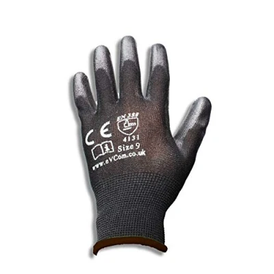 Image of eVCom 12pairs PU Coated Black Work Gloves (improved quality). For Builders, Mechanics, Construction, Logistics &amp; Gardening chores (Large)