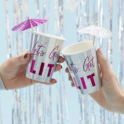 Image of Ginger Ray Holographic Lets Get Lit Paper Party Cups Tableware 8 Pack, Iridescent