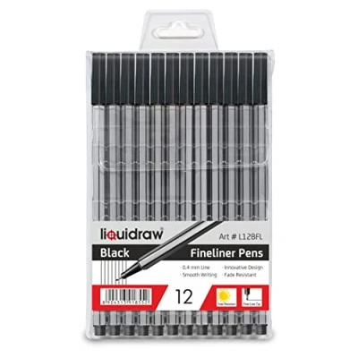 Image of Liquidraw 12 Black Fineliner Pens Set Fine Point 0.4mm Fineliners Coloured For Artists, Architects, Technical Drawing, Handwriting, Calligraphy, Sketching, &amp; Illustrations