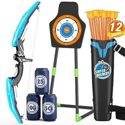 Image of HYES Bow and Arrow for Kids, LED Light Up Archery Set with 12 Suction Cup Arrows, 1 Standing Target, 3 Score Targets, Quiver, Indoor Outdoor Sport Gifts Boys Girls Ages 4 12, Blue