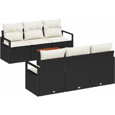 Image of vidaXL 7 Piece Garden Sofa Set with Cushions Black Poly Rattan Acacia