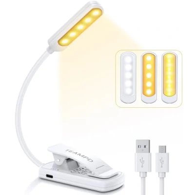 Image of TEAMPD 10 LED Book Light, 3 Eye Protecting Lightng Colours Reading Adjustable Brightness, USB Rechargeable 12H Battery Life, Flexible Clip on Light for Reading, Painting,Travel