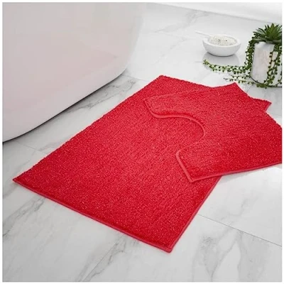 Image of VELVETIO 2 Piece Shiny Bath Mat &amp; Pedestal Set, Non Slip Water Absorbent Glitter Bathroom Toilet Rug, Machine Washable Super Soft Sparkling Microfiber Floor Mats, (50x80, 50x40 cm), Deep Red