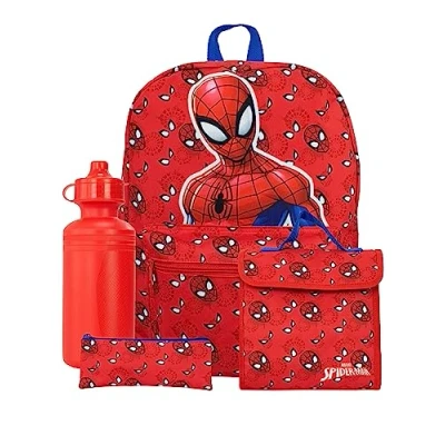 Image of Marvel Kids Spiderman Backpack 4 Piece School Bag Set I Lunch Box and Bottle with Pencil Case Red