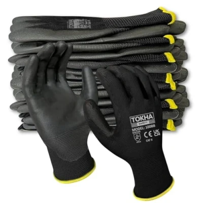 Image of 24 Pairs Palm Coated Safety Work Gloves Firm Grip Gardening Non Slip PU Builders Lightweight Breathable Protective EN388 Mechanic Working (L (9))