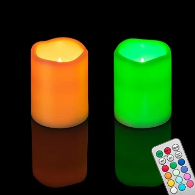 Image of 2PCS 4&quot; Multi Color Flameless LED Pillar Candles with Remote Timer/Battery Operated Electric Flickering Plastic Fake Candle for Halloween Pumpkin Light Lantern Christmas Decorations
