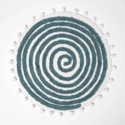 Image of HOMESCAPES Cotton Blend Spiral Bath Mat Teal Super Absorbent Tufted Round Bathmat with Pom Poms, 60 cm