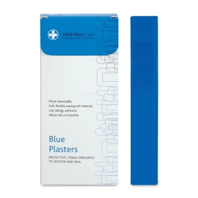 Image of Dependaplast 50 Blue Finger Extension Plasters 12 cm x 2 cm, Metal Detectable, Washproof, Visually Food Safe