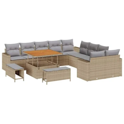 Image of vidaXL 13 Piece Garden Sofa Set with Cushions Beige Poly Rattan Acacia