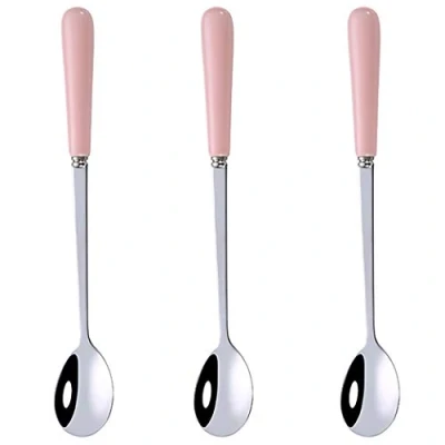 Image of Goeielewe 3PCS Mixing Spoons for Coffee, Dessert, Ice Cream, Milkshake, Stainless Steel Iced Teaspoon with Ceramic Handle Tablespoons Espresso Cocktail Stirring Spoons, 6.8 Inch (Pink)