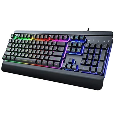 Image of RisoPhy Gaming Keyboard, 104 Keys All Metal Panel, Rainbow LED Backlit Silent Computer Wrist Rest, Multimedia Keys, Anti Ghosting, Waterproof Light Up Wired Keyboard for PC Mac Gamer