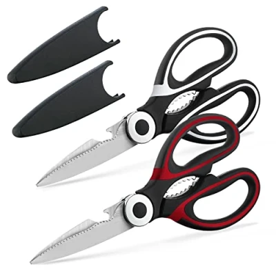 Image of Kyraton Kitchen Scissors Heavy Duty 2 Pieces, Stainless Steel Sharp Cooking Shears with Cover, Multipurpose for Meat Chicken Bone Veg Poultry Fish. Dishwasher Safe Food Scissors.