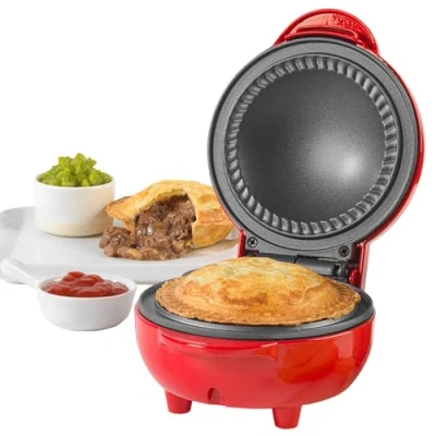 Image of Giles &amp; Posner EK4914 Mini Pie Maker Deep Fill Machine, Non Stick 12.5cm Plate, 3 Minute Preheat, Built in Crimping Edge, Bake Traditional British Pies, 2.6cm Depth, Cool Touch Handles, Red
