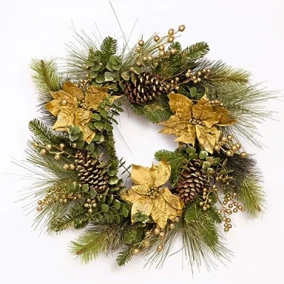 Image of 60cm Christmas Wreath Decorated with Gold Berries, Poinsettia, Eucalyptus Leaves, Pine Cones, Grapevine Front Door Room Wall Home Hanging Xmas Decorations