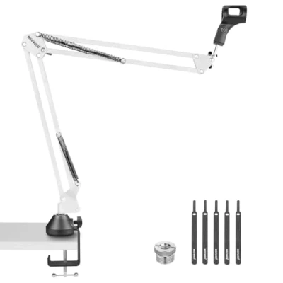 Image of NEEWER Suspension Boom Arm Scissor Mic Stand, Microphone Desk Stand with 3/8&quot; to 5/8&quot; Screw, Cable Ties Compatible Blue Yeti Snowball X Quadcast, Max Load 3.3lb/1.5kg, NW 35, White