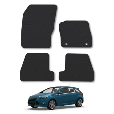Image of Rubber Car Mats Compatible with Ford Focus (2011 2014) [Mk3] Tailored Fit Floor Set Accessory Black Custom 4 Pieces Clips Anti Slip Backing, Heavy Duty &amp; Waterproof