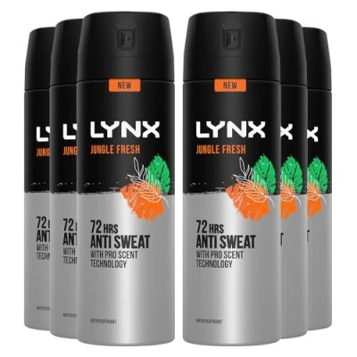 Image of Lynx XL Antiperspirant Jungle Fresh 72H Long Lasting Sweat and Odour Protection Deodorant Spray for Men with Unique Scent of Palm Leaves Amber, 200ml Pack 6