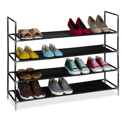 Image of Relaxdays Shoe Rack, Metal Frame, Fabric Material Shelves, 4 Levels, HxWxD: 75 x 100 28 cm, 1m Wide, Black/Transparent, Fleece