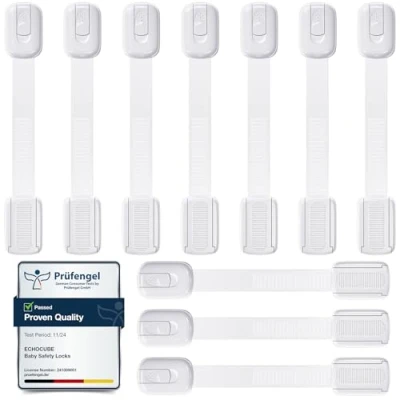 Image of ECHOCUBE Cupboard Locks for Children, 10 Packs Adjustable Baby Proof Cabinet with 3M Adhesive, Child Safety Drawers, Fridge, Toilet, Trash No Drilling Needed (White)