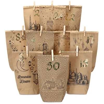 Image of Papierdrachen DIY Ramadan Calendar for Filling, Printed Kraft Paper Bags, 30 Gift Bags Standing and Decorating, Eid Mubarak, Reusable