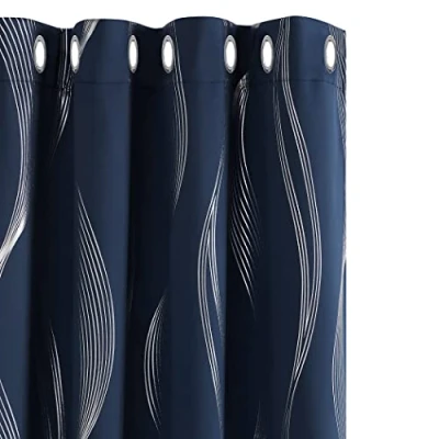 Image of Deconovo Navy Curtains 66 x 54 Inch Bedroom Wave Line Foil Printed Blackout Thermal Insulated Energy Saving Eyelet for Living Room Blue 1 Pair