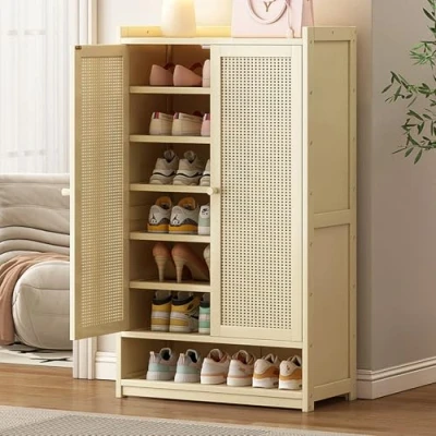 Image of Pounjsd Shoe Rack 8 Tiers Bamboo Storage Cabinet,60cm Entryway Cabinet with Adjustable Shelves, 2 Door Wooden Cabinet,Footwear Organiser,Rattan for Living Room Hallway