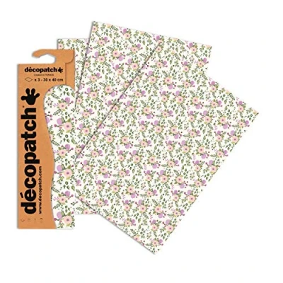 Image of Décopatch Ref C739O Pink &amp; Purple Floral Pattern Paper Pack Each Sheet 30 x 40cm, of 3 Sheets Best Used With Décopach Glue Varnish,