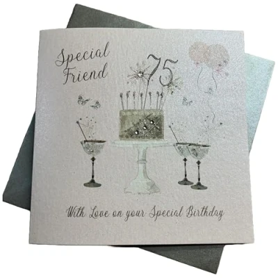 Image of WHITE COTTON CARDS Happy 75th Birthday Card Special Friend Champagne Glasses Pink Roses SS42 SF75,16cm x 16cm