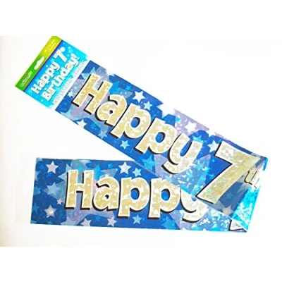 Image of Happy 7th Birthday Banner Age Boy Blue Holographic Wall Kids Party Decorations
