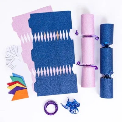 Image of evelay 12 Make Your Own Christmas Cracker Kit DIY Navy &amp; Baby Pink Glitter Crackers Hats Snaps Jokes (Navy, Pink)
