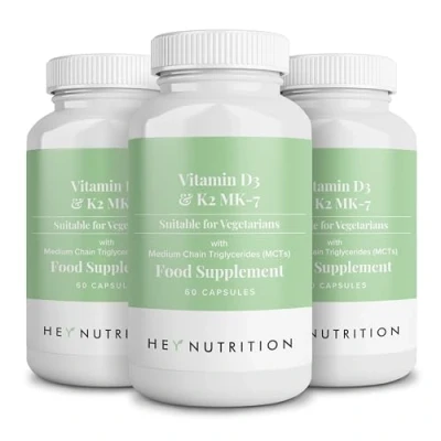 Image of Hey Nutrition Vitamin D3 &amp; K2 MK 7 100ug Each with MCT Oil Suitable for Vegetarians Support Healthy Bones, Teeth, Muscles, Immune Function, and Fatigue Non GMO, 180 Vegetarian Capsules