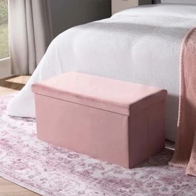 Image of OHS Rectangle Ottoman Storage Box, Matte Velvet Padded Foldable Bench with Hidden &amp; Lid Upholstered Footrest For Living Room Bedroom Space Saving Organising Pink