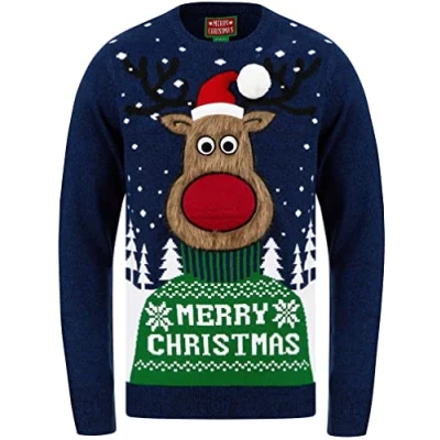 Image of Tokyo Laundry Men&#039;s Merry Deer Motif Novelty Christmas Jumper Ink/Sapphire Twist S