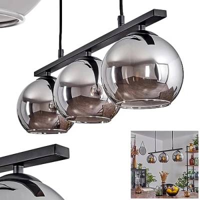Image of Koyoto Pendant Light, Hanging Light Made of Metal/Glass in Black/Chrome, Retro/Vintage Design with Glass Shades (Ø 15 cm), 3 Flame, Height max. 111,5 cm, x E27, Without Bulbs