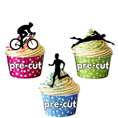 Image of AK Giftshop PRE CUT Triathlon Party Pack, 36 Cup Cake Toppers Edible Stand Up Decorations