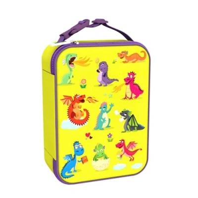Image of Ion8 Dragons Design Lunch Bag, Easy Access 3 Sided Zip, Write On Name Patch, Freshness &amp; Insulation for 6 Hours, Elasticated Mesh Pocket Bottles, Machine Washable, Polyester Material, Yellow