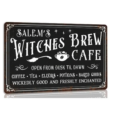 Image of Salem‘S Witches Brew Cafe Metal Tin Sign Vintage Retro Halloween Party Poster for Home Witch Kitchen Wall Decor 8x6 Inch