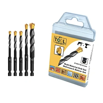 Image of Multi Construction Drill Bit Set, 5 Piece Material Bits Ø 5,6,7,8,10 mm Ultimate Professional Hex 9 Rotary and Impact Purpose Drills Set for Block Brick Soft Tile Wood Plastic Metal