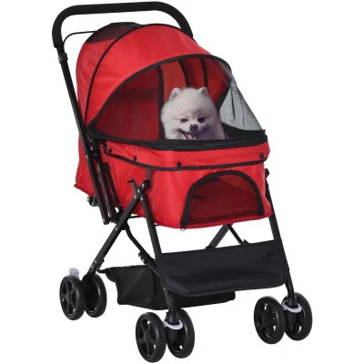 Image of PawHut Dog Stroller, Pet Foldable Cat Travel Pushchair with Reversible Handle, EVA Wheels, Brake, Basket, Adjustable Canopy, Safety Leash, for Small Dogs, Red
